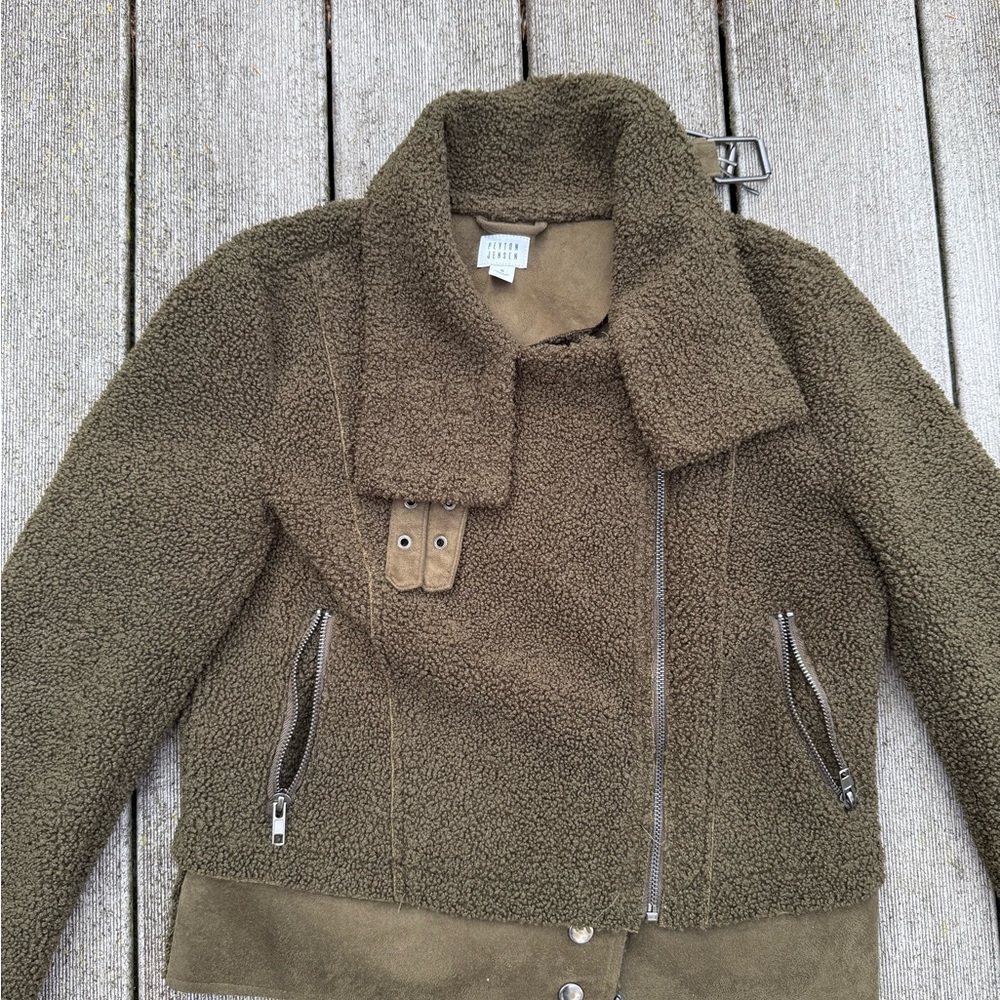 Peyton Jenson dark olive green fleece faux suede moto jacket size  S
